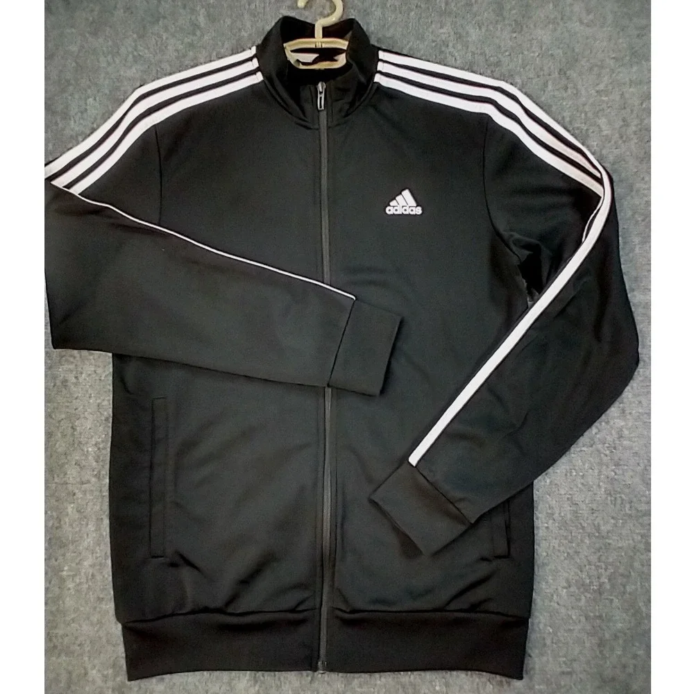 Adidas Mens Track Jacket‎ Black White 3 Stripe Full Zip Sportswear Size Medium
